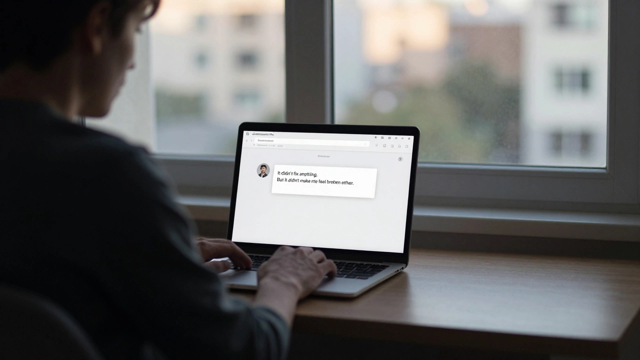 A person reading a heartfelt user message on a laptop in morning light.