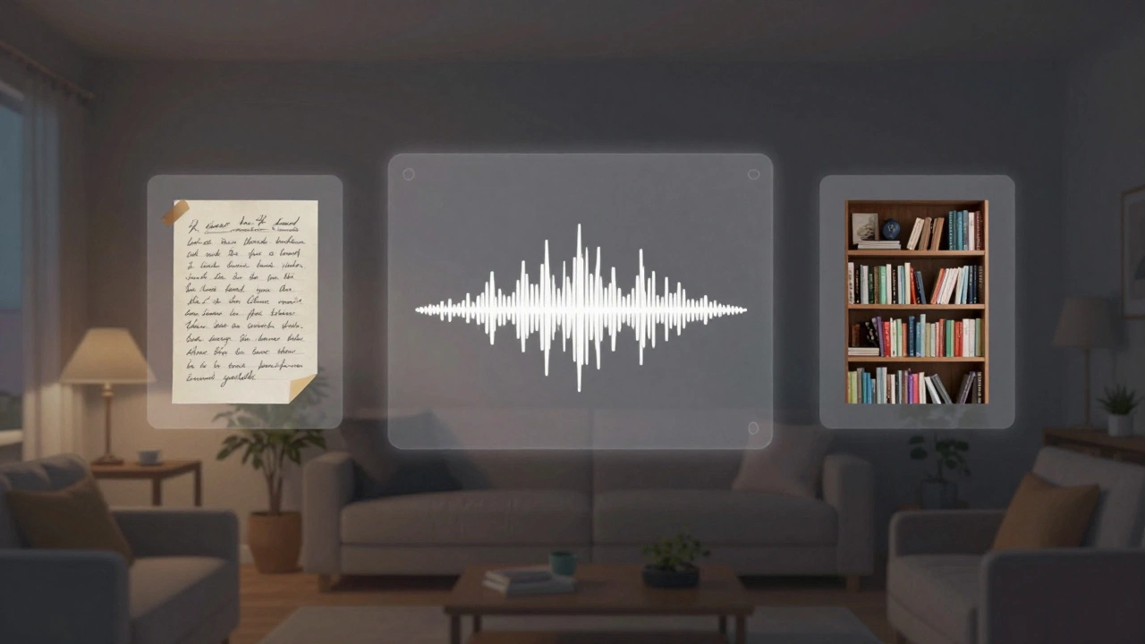 A quiet digital living room with floating personal memories, no likes or comments.
