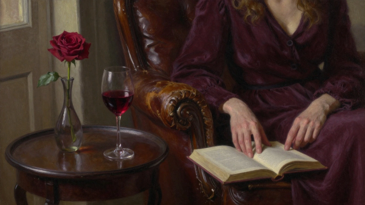 An intimate apartment scene with an open book, wine glass, and rose under warm lamplight, evoking quiet companionship.