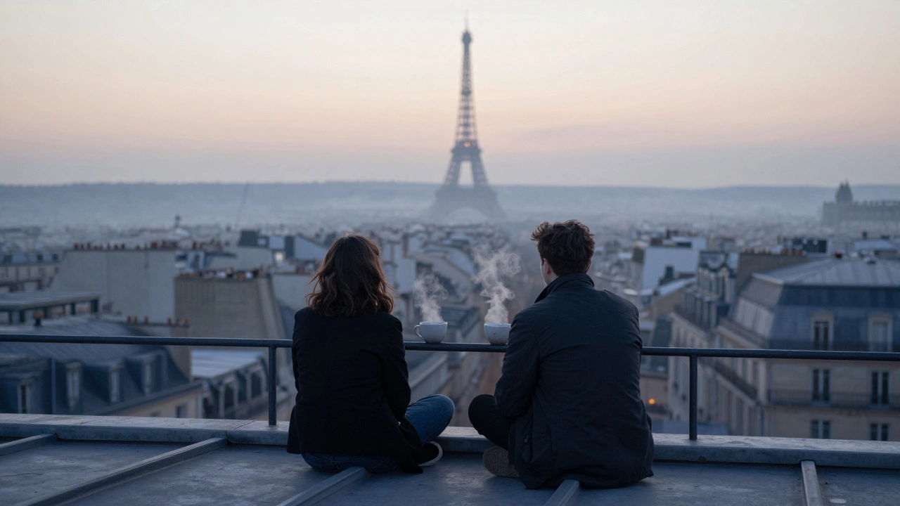 Two figures sit in silent harmony on a Paris rooftop at dawn, overlooking the city in a misty, peaceful moment.